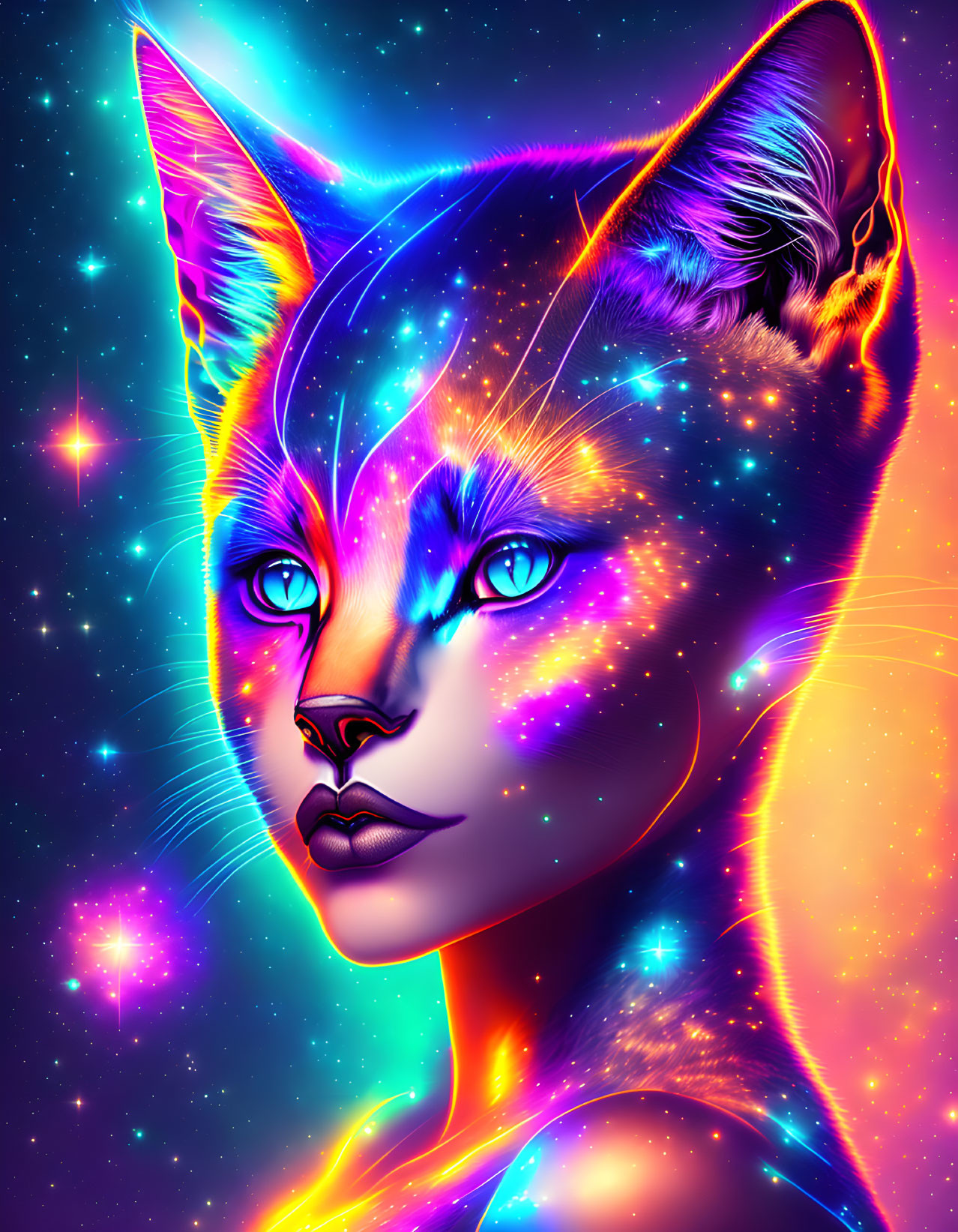 Digital artwork: Woman's face merges with cat in cosmic scene