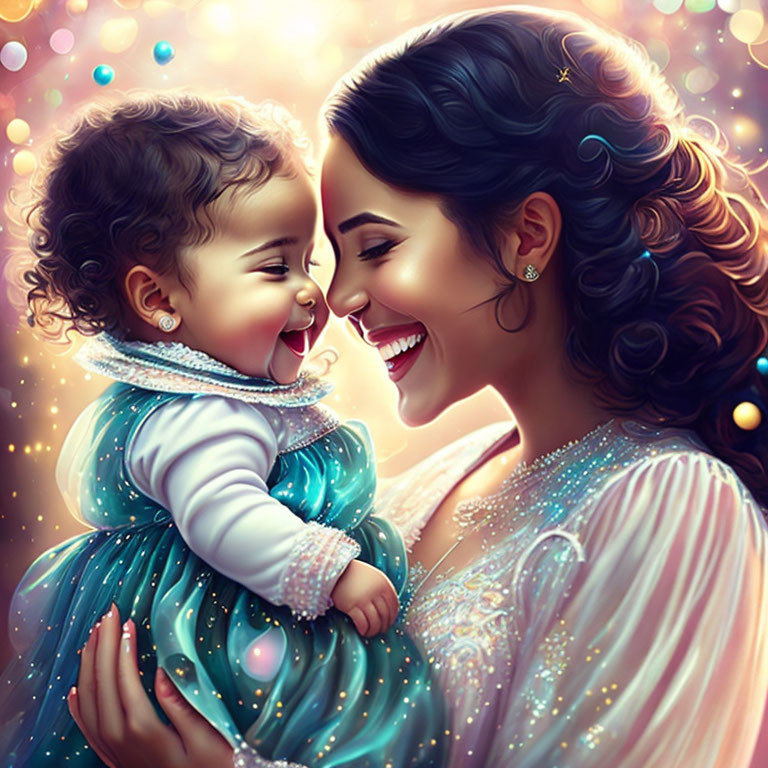Elegant woman with smiling baby in magical setting