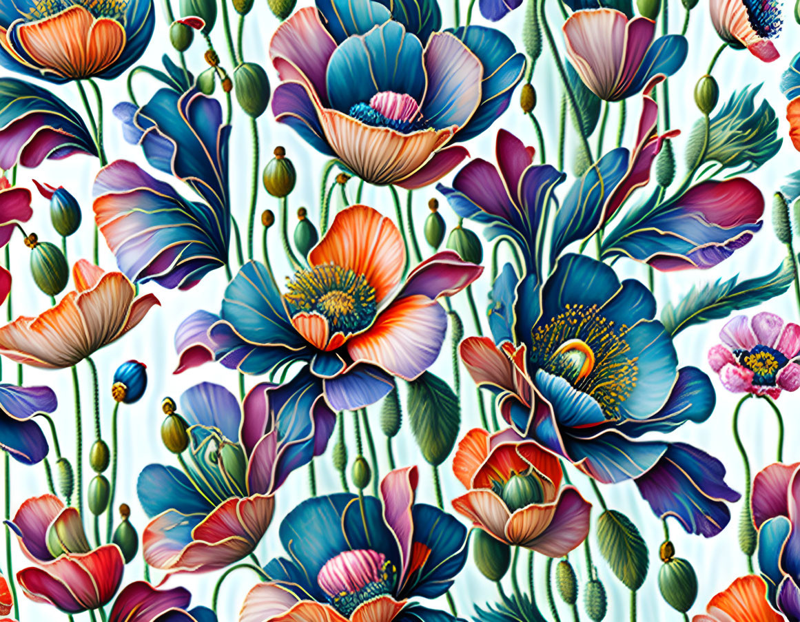 Colorful Blue and Orange Poppy Floral Pattern on White Background