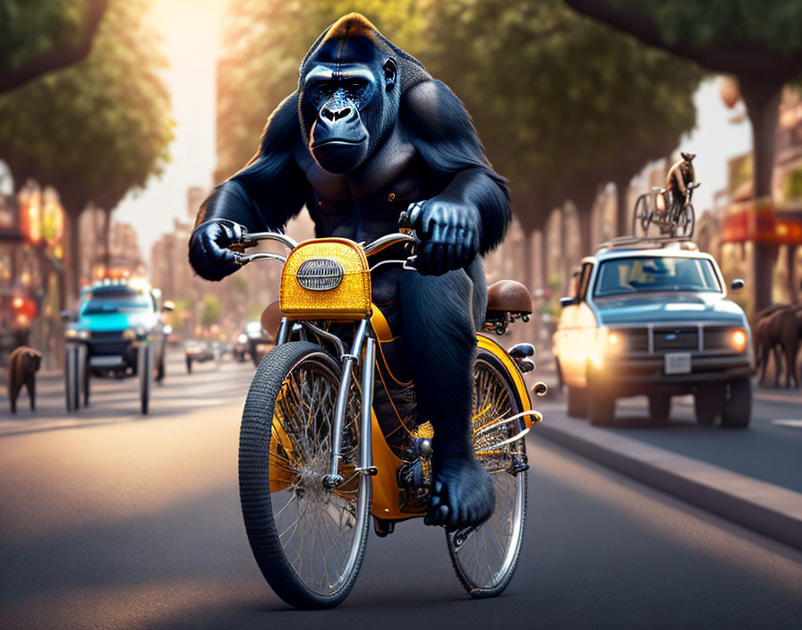 Muscular gorilla on yellow motorbike in city street scene