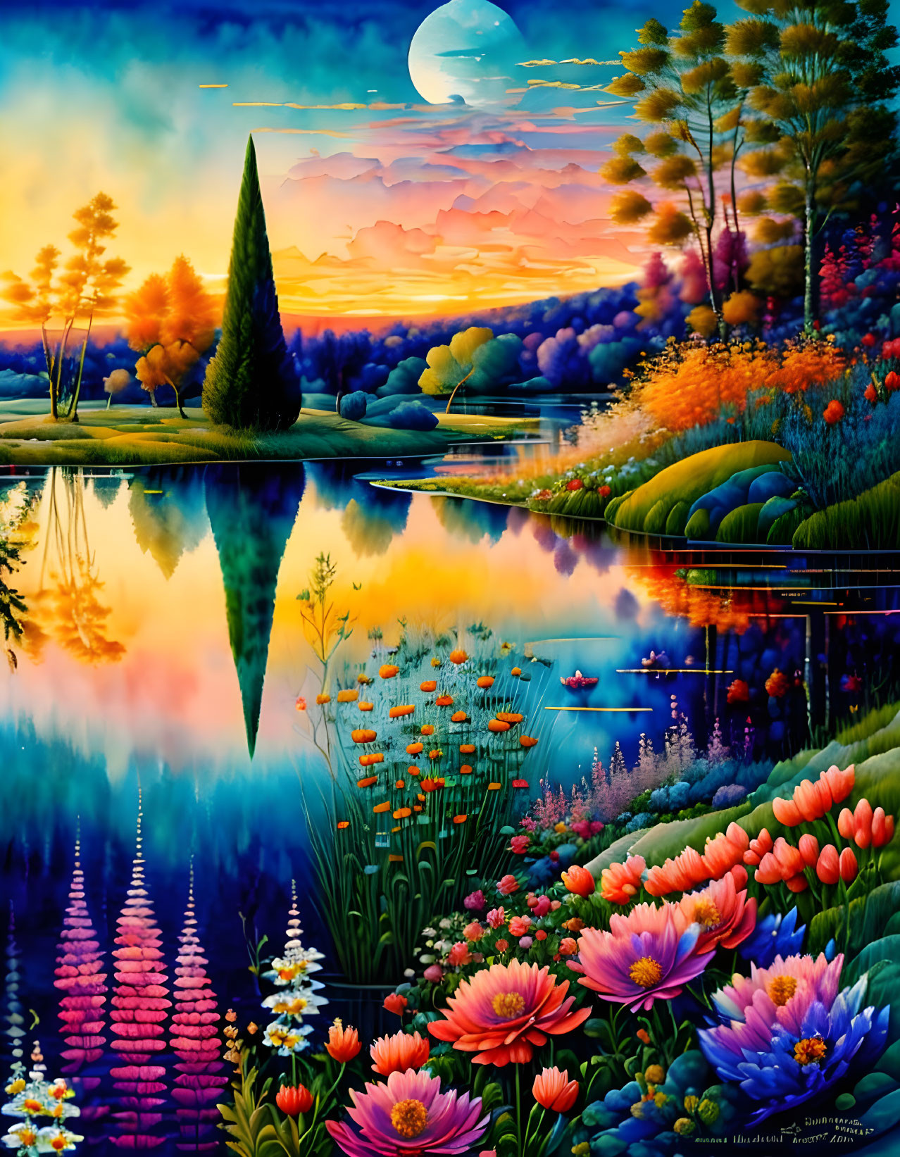Colorful Landscape Painting: Serene Lake, Full Moon, Lush Flora