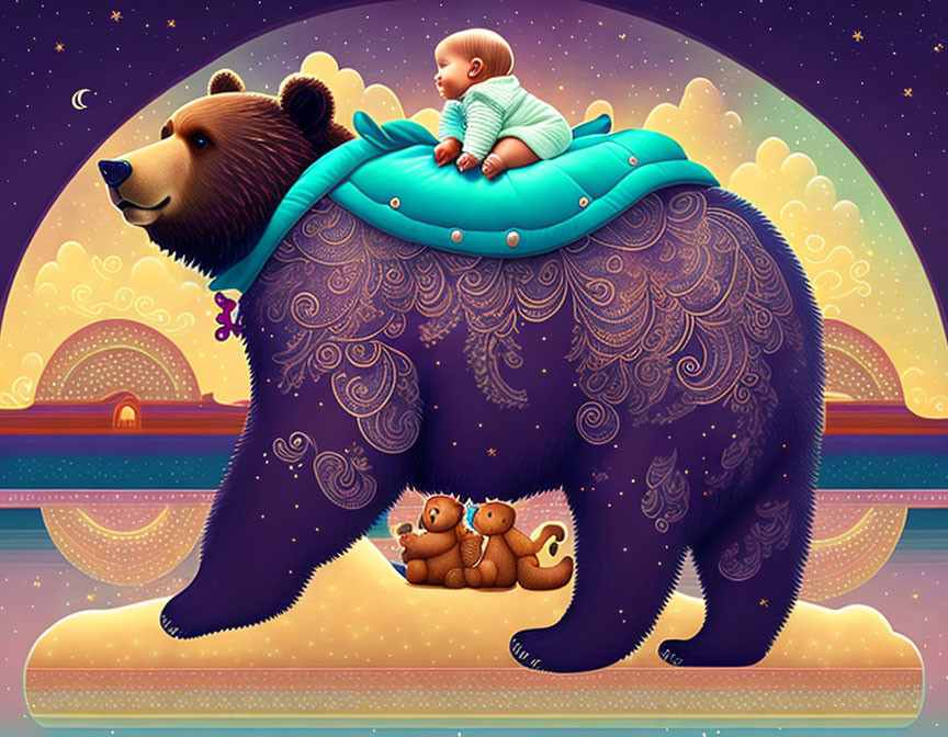 Baby sitting on large bear with toy bear pair under starlit sky and whimsical hills
