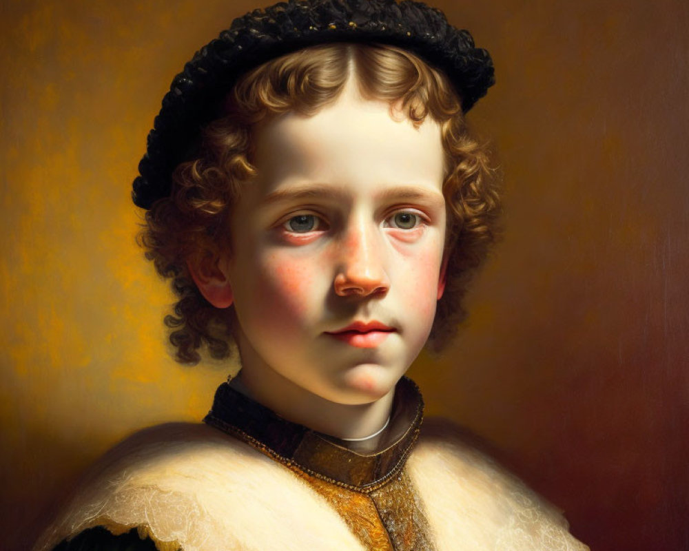Child portrait with curly hair, black headpiece, white collar, green garment