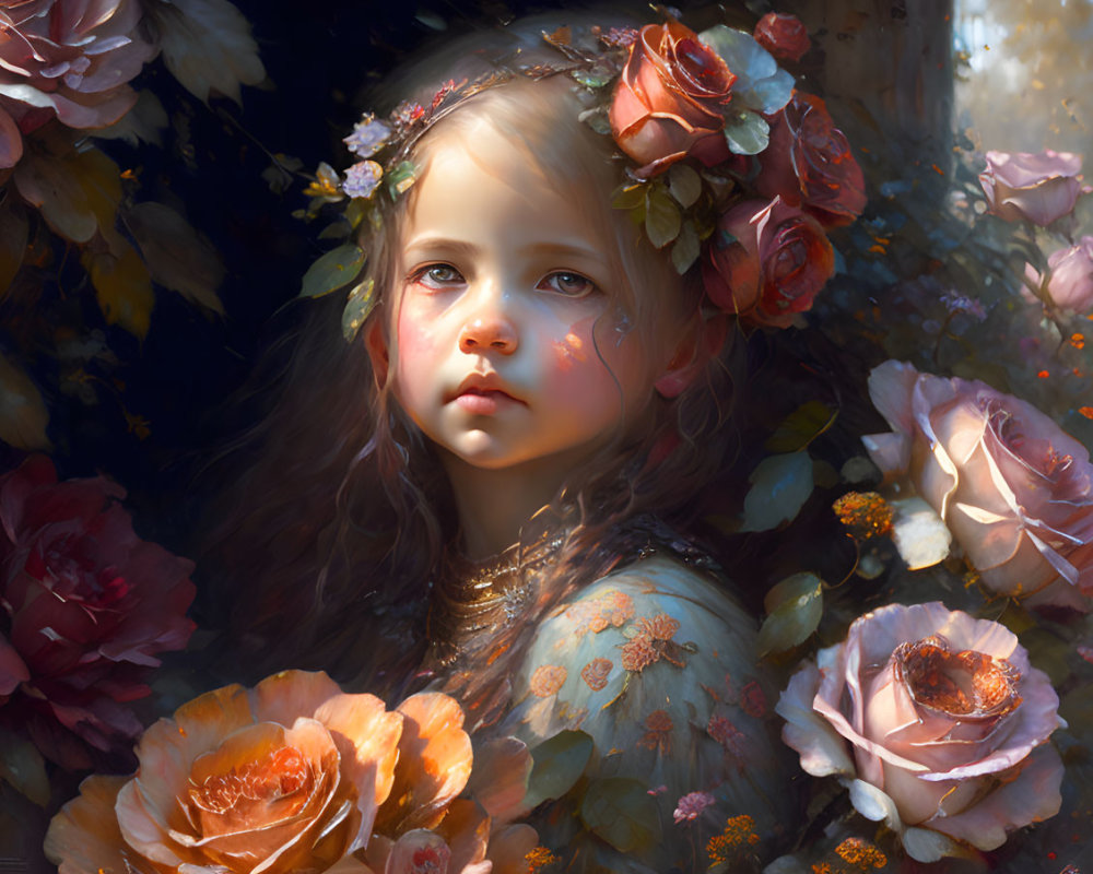 Young girl with floral wreath surrounded by blooming roses in serene setting