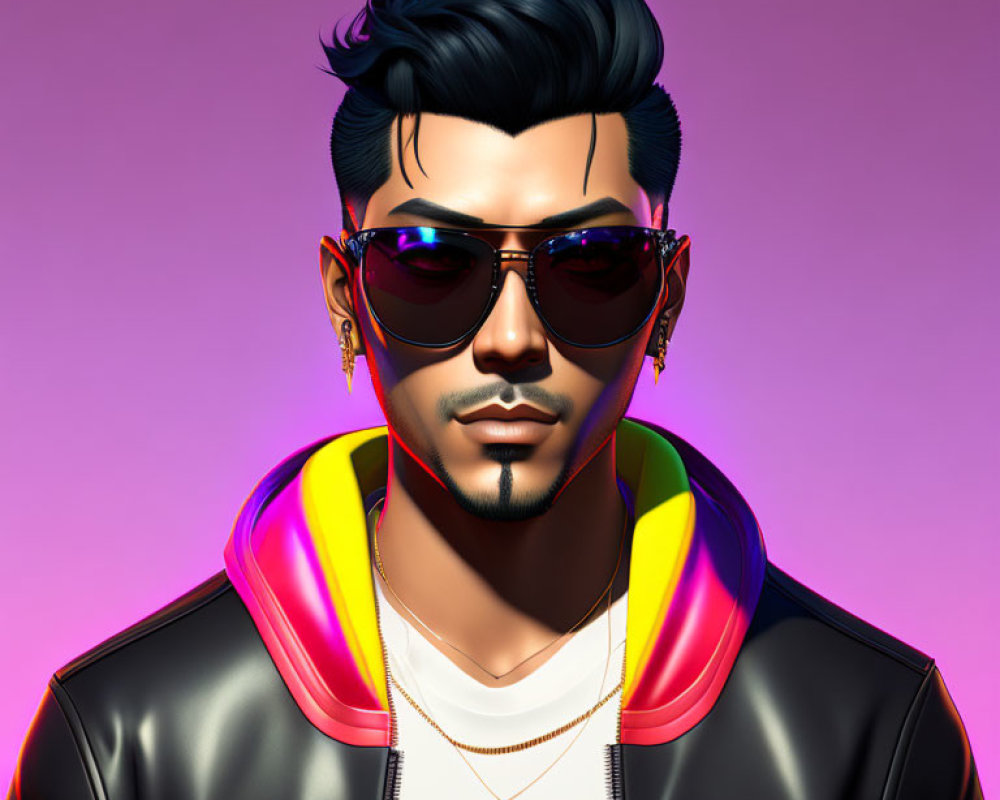 3D character with slicked-back hair, sunglasses, headphones, leather jacket on pink background