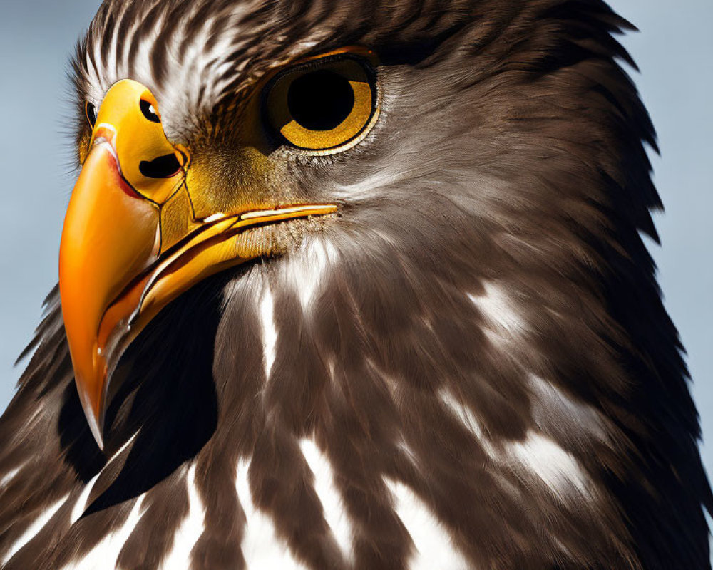 Detailed Close-Up of Eagle with Yellow Beak and Golden Eyes Against Blue Sky