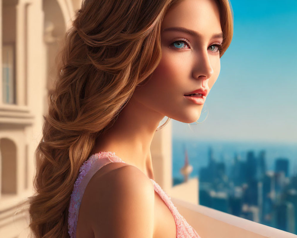 Woman in Pink Lace Dress on High Balcony Overlooking Cityscape