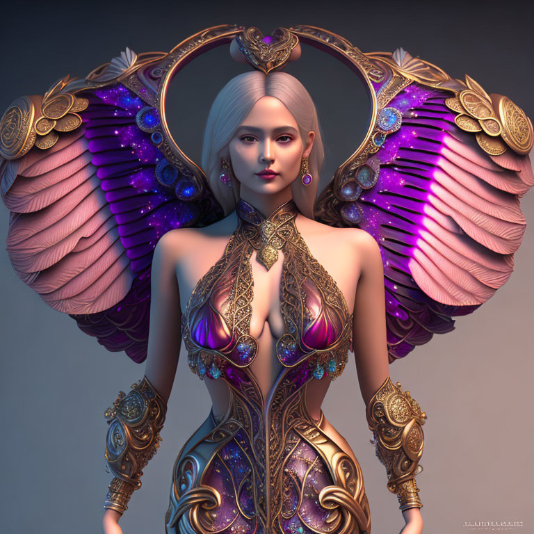 Illustrated female figure with platinum blonde hair and golden bodice with pink and purple feather-like shoulder ornaments