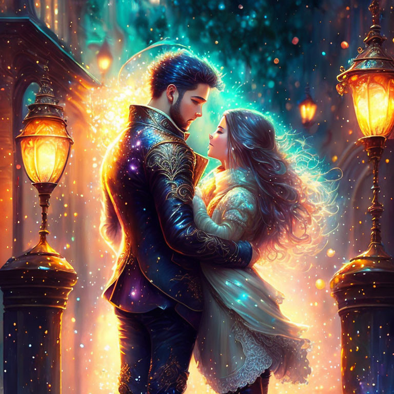 Couple Embracing Under Glowing Street Lamps in Romantic Fantasy Scene