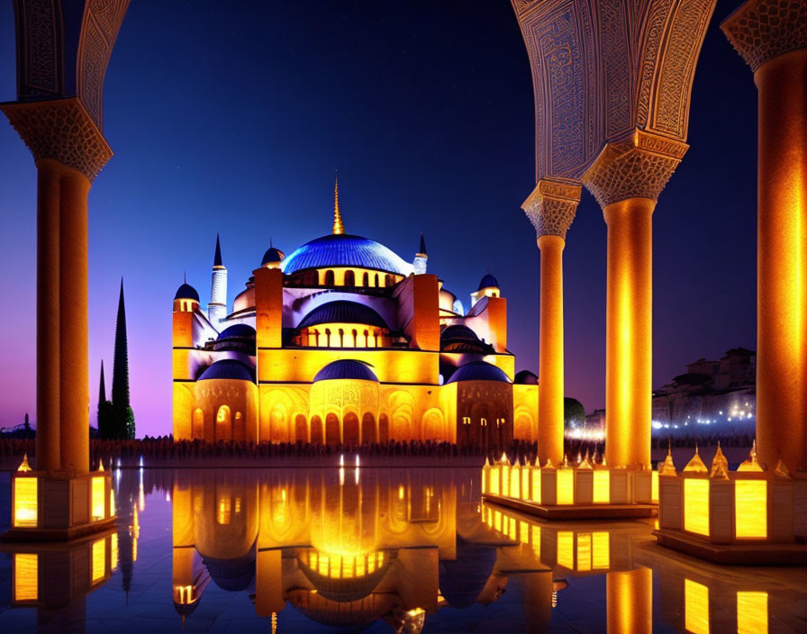 Twilight view of illuminated mosque with blue domes and minarets reflected in water