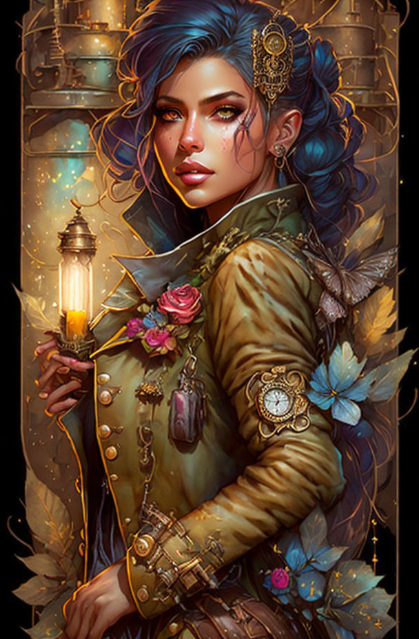 Illustrated woman with blue hair holding lantern among glowing lights, flowers, and brass gears