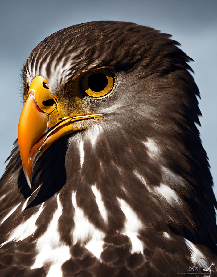 Detailed Close-Up of Eagle with Yellow Beak and Golden Eyes Against Blue Sky