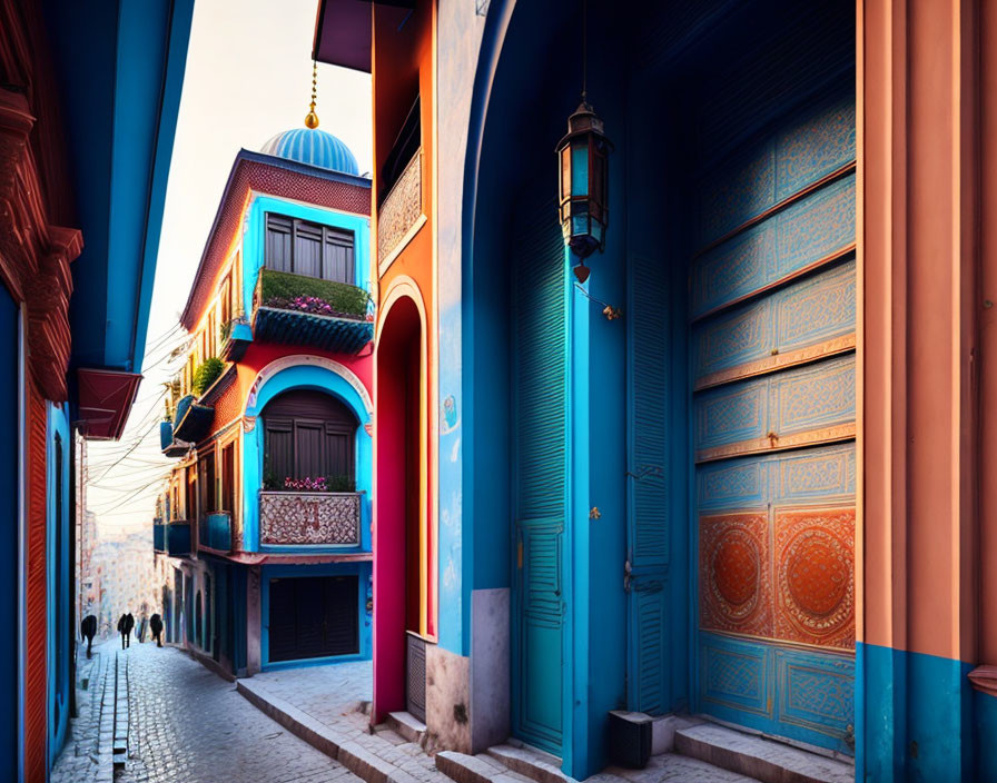 Scenic Moroccan street with blue walls, ornate door, lantern, and pedestrian.