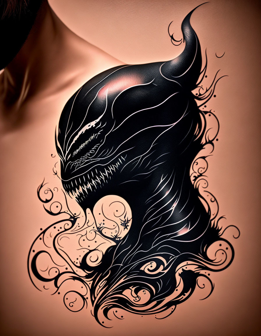 Black and white Venom character with sharp teeth and dark tendrils.