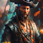 Ornate pirate captain in tricorn hat with blazing ships
