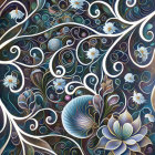 Detailed artwork of stylized doves on swirling vines with white flowers and patterned background
