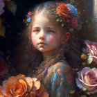Young girl with floral wreath surrounded by blooming roses in serene setting