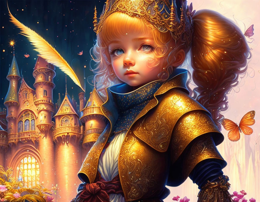 Young girl with golden hair in royal outfit, butterflies, castle, shooting star illustration