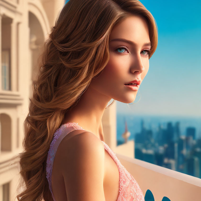 Woman in Pink Lace Dress on High Balcony Overlooking Cityscape