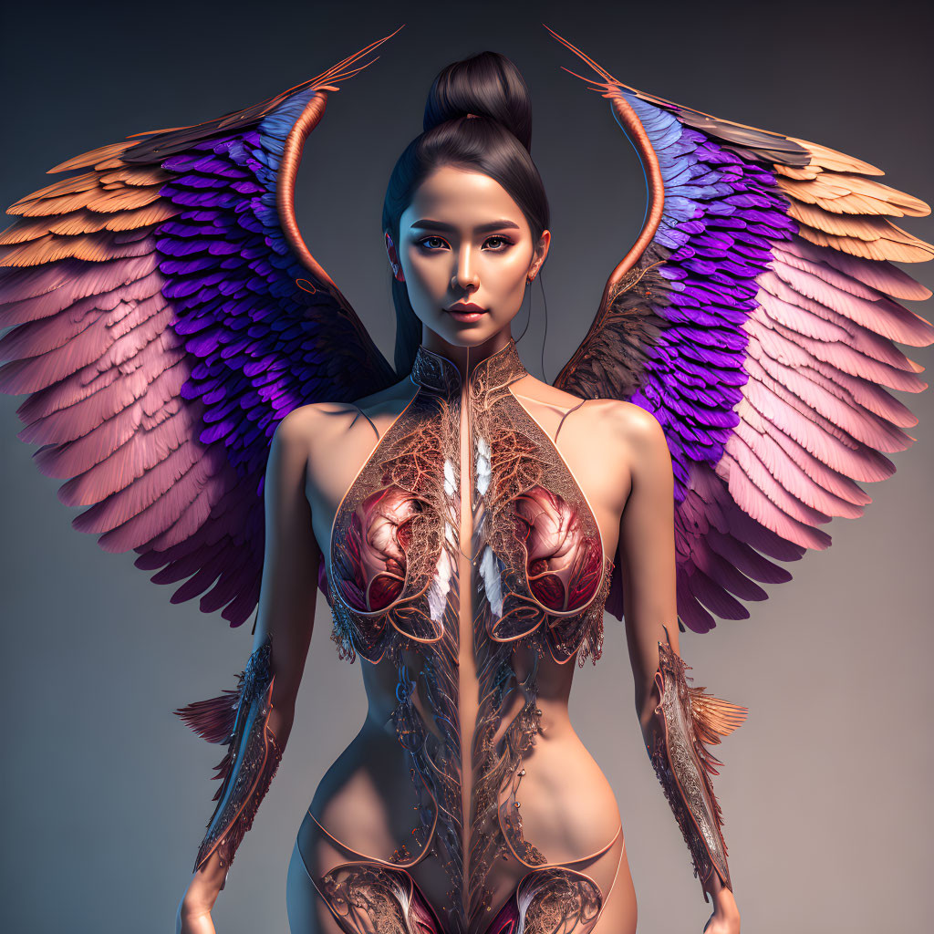 Digital Artwork: Woman with Multicolored Angel Wings and Golden Armor