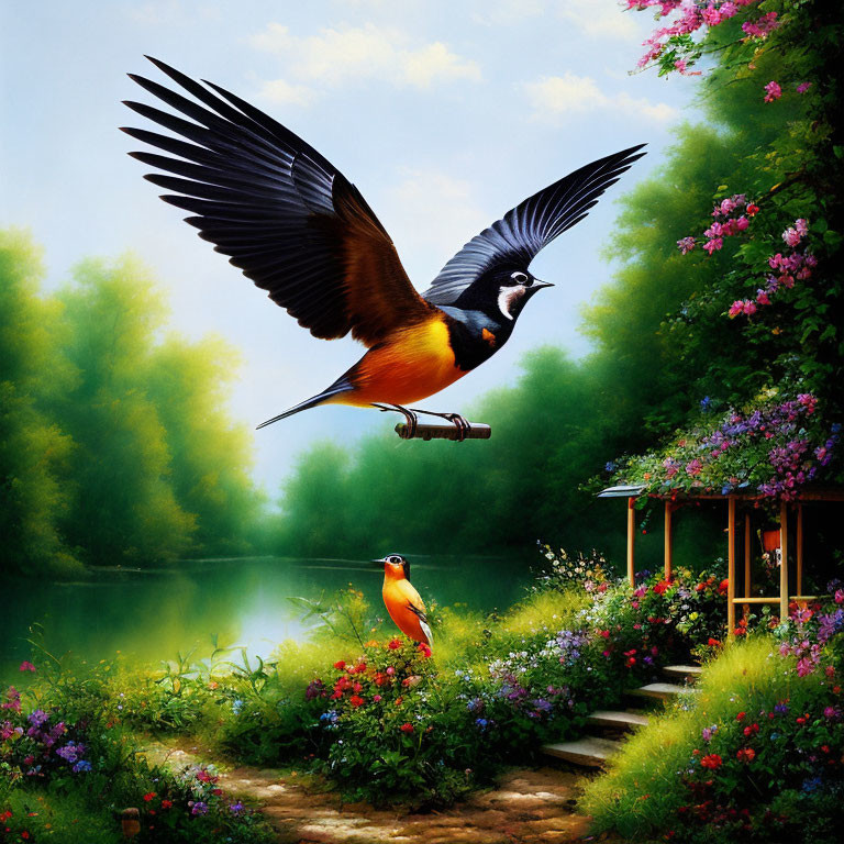 Colorful birds in flight over serene pond and lush greenery
