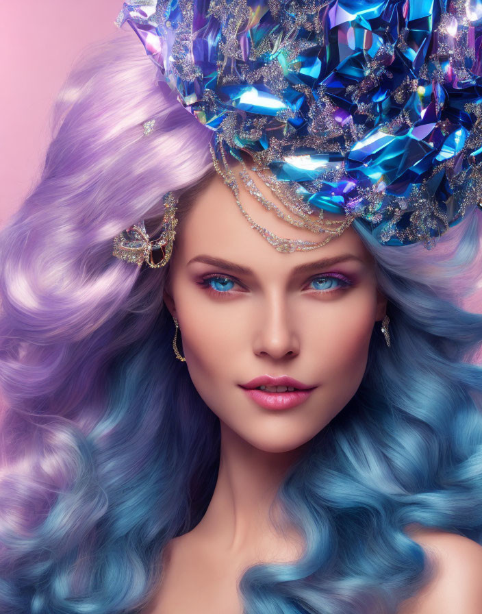 Vibrant blue and purple wavy hair with crystal headdress and forehead jewelry