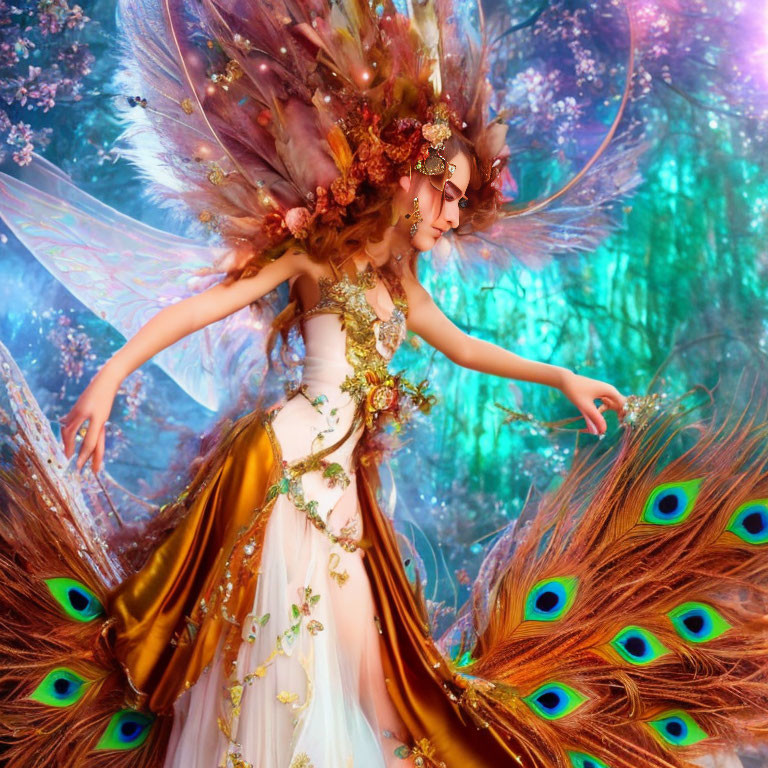 Elaborate Peacock-Themed Fantasy Figure in Ethereal Forest