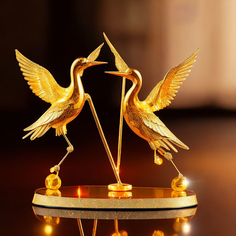 Golden statue of two cranes facing each other on reflective surface