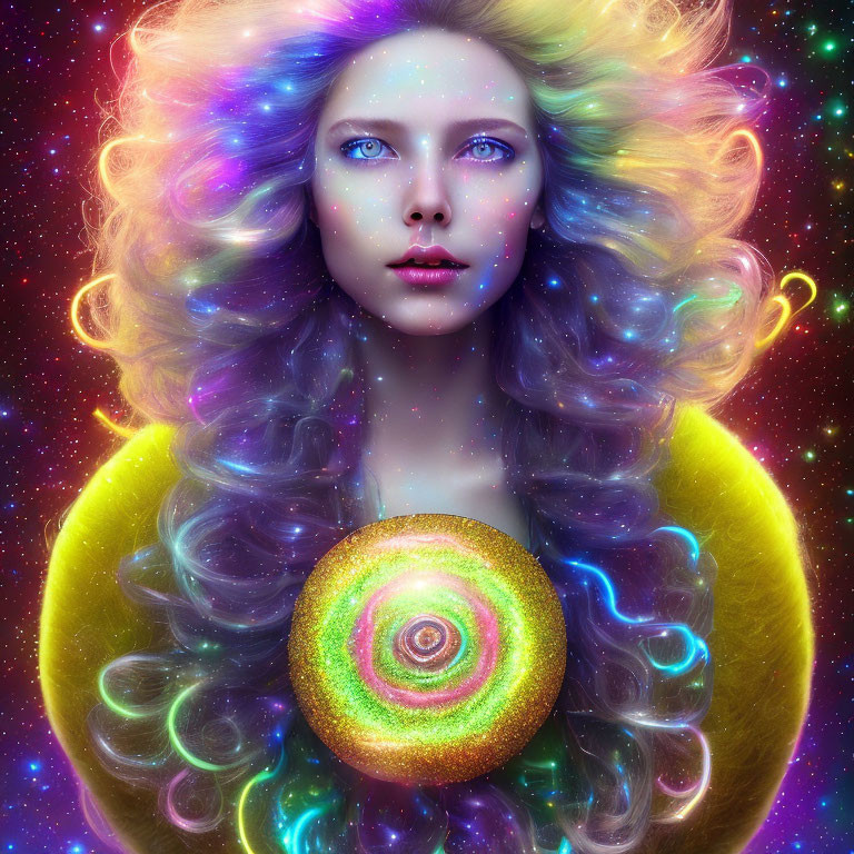 Cosmic-themed surreal portrait of a woman with multicolored hair holding a galaxy orb