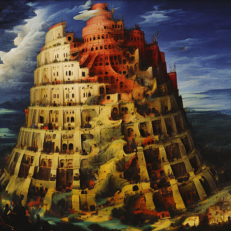 Detailed painting: Tower of Babel with intricate architecture under tempestuous sky