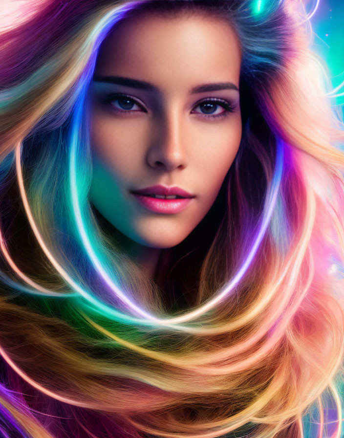 Vibrant neon colors illuminate woman's flowing hair against dark backdrop