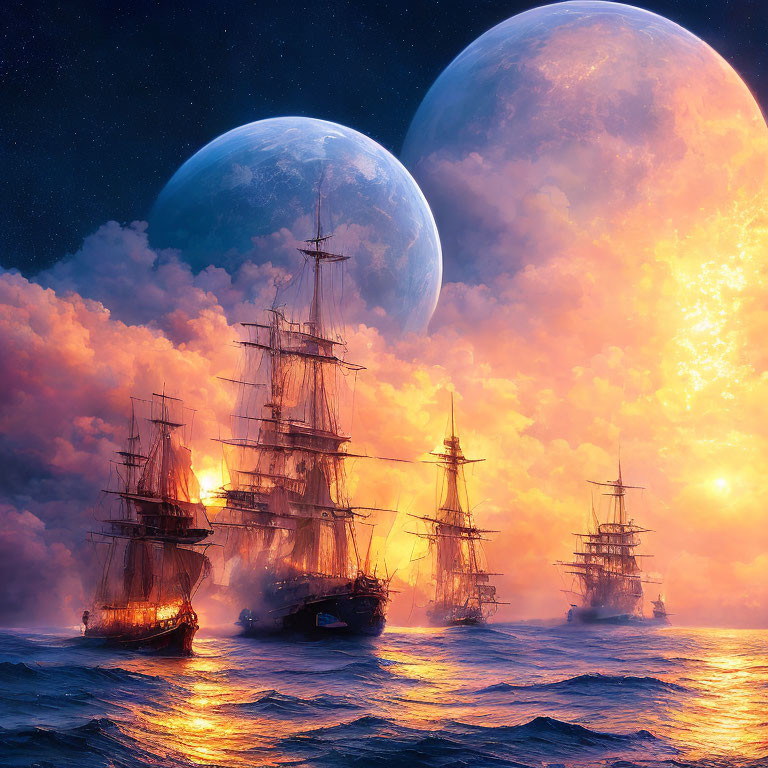 Fiery seas with sailing ships under two large moons