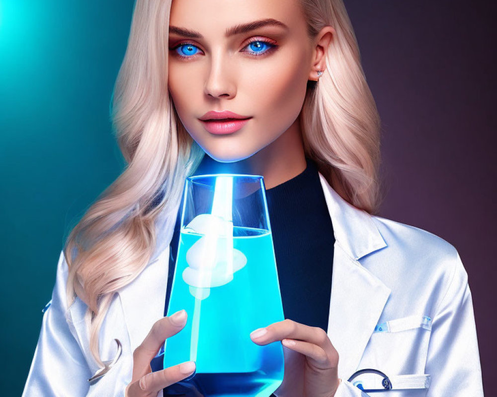 Blonde woman in lab coat holding blue liquid in flask