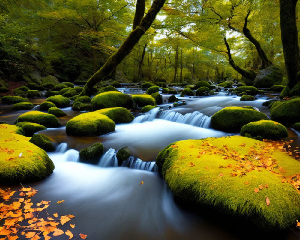 Tranquil river in mossy forest with green trees and autumn leaves