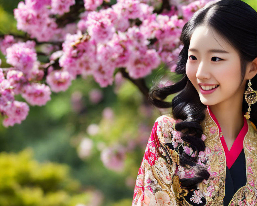 Smiling woman in traditional embroidered outfit under pink cherry blossoms