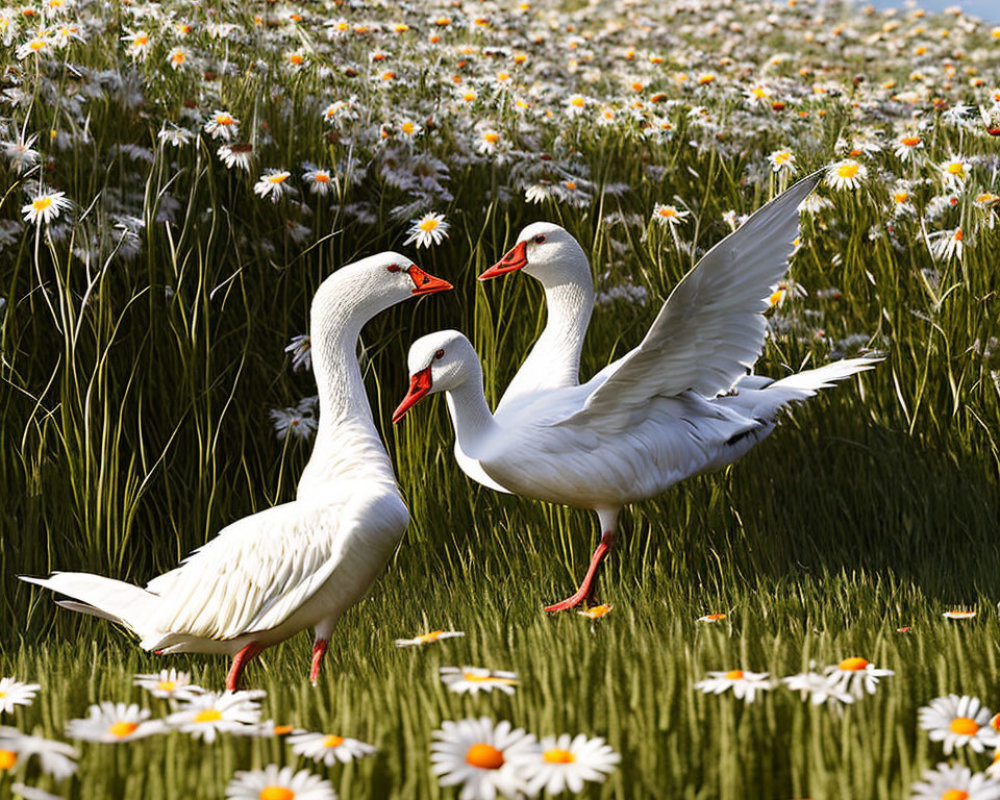 Two white geese with orange beaks in a daisy field under a blue sky.
