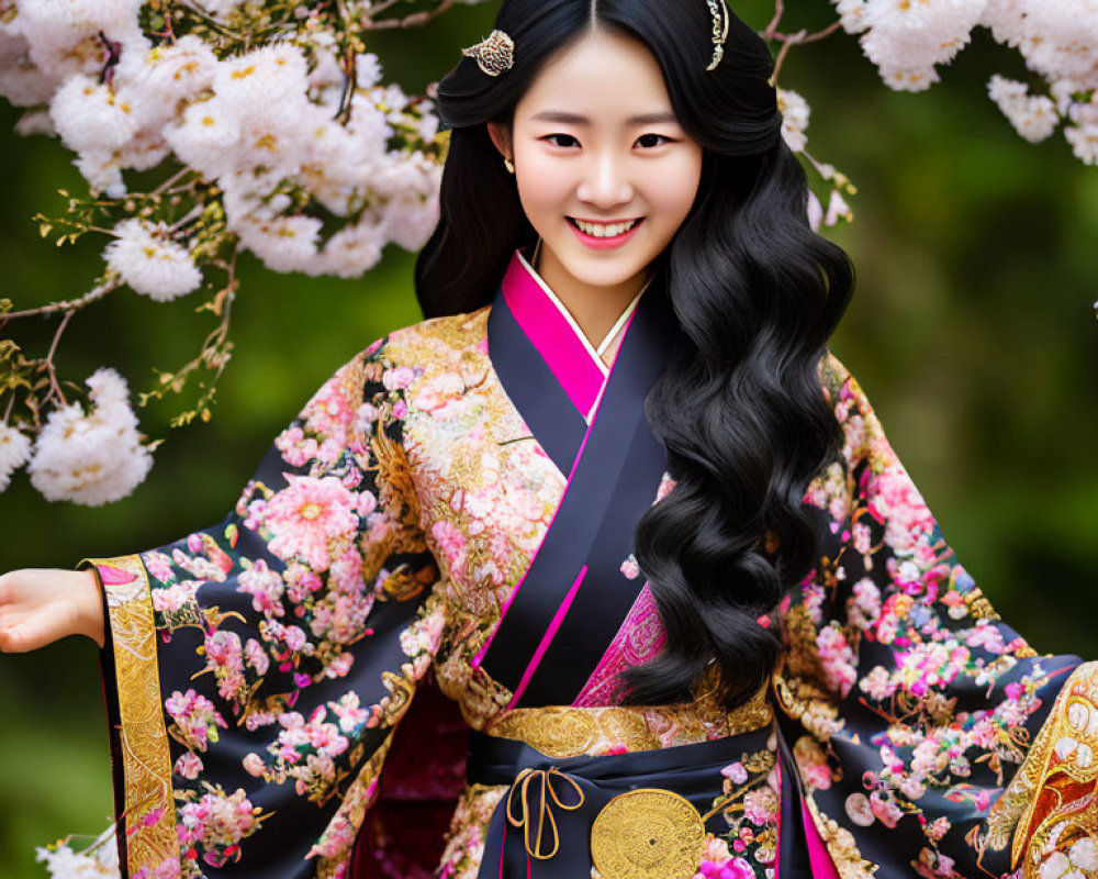 Traditional Korean hanbok with ornate gold patterns and cherry blossoms scene.