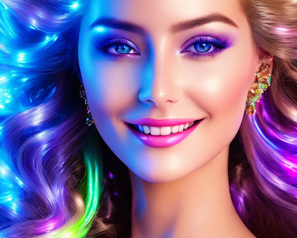 Colorful portrait of woman with rainbow hair and purple makeup
