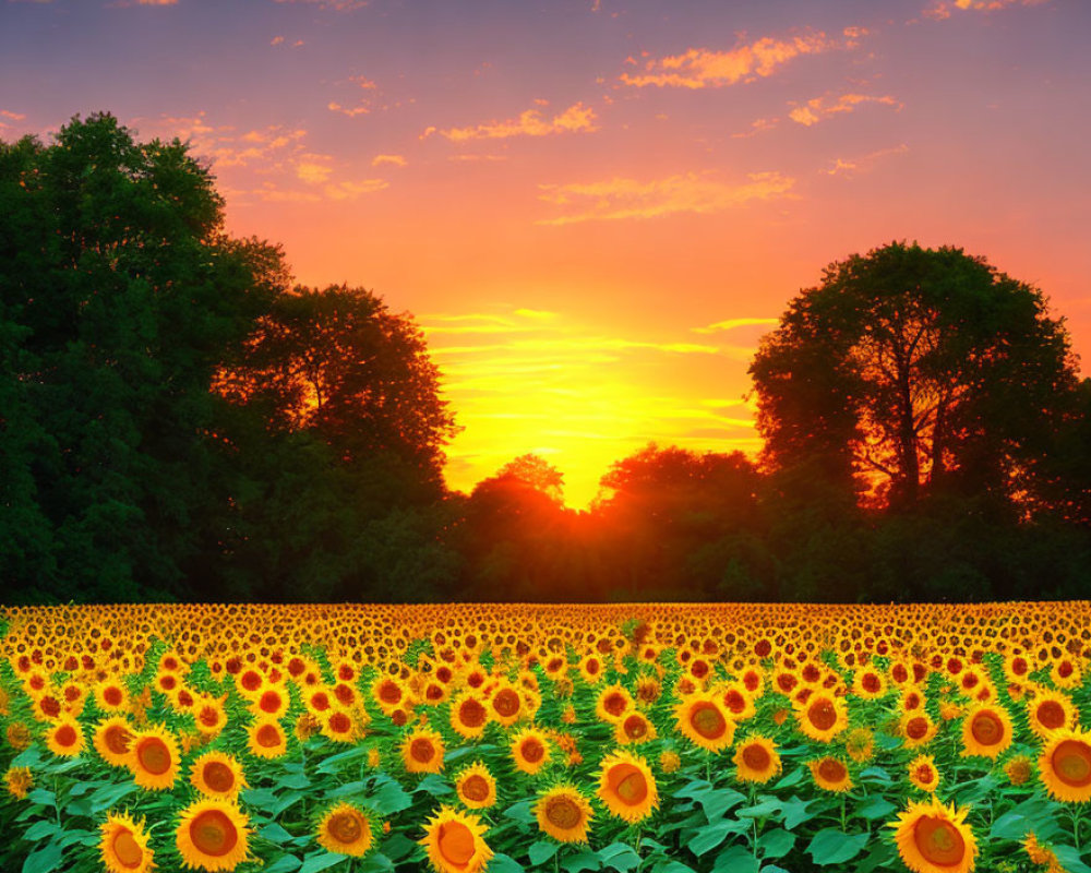 Vibrant sunset over blooming sunflowers and green trees