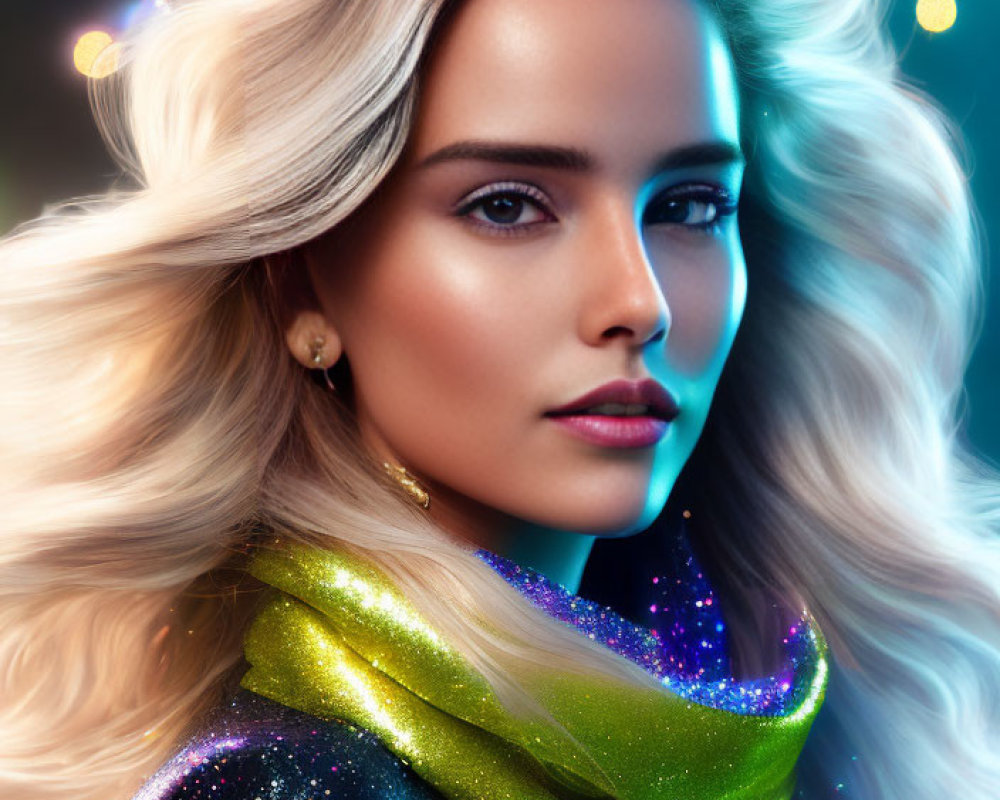 Blonde woman portrait with glittery makeup and sparkling scarf