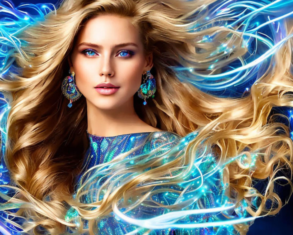 Blonde Woman in Blue Dress with Sparkling Earrings