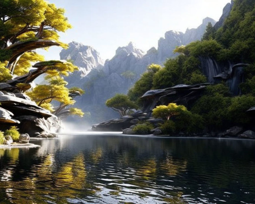 Tranquil lake with rocky cliffs, waterfalls, mist, and lush trees