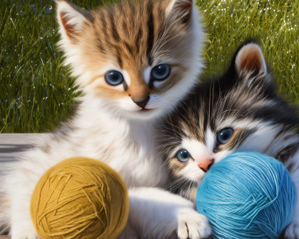 Fluffy Kittens Cuddling with Blue Eyes and Yarn Balls