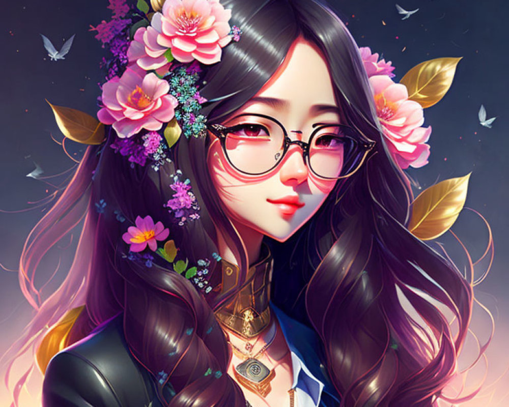 Woman with Floral Hair Adornments, Glasses, and Butterflies on Dark Background