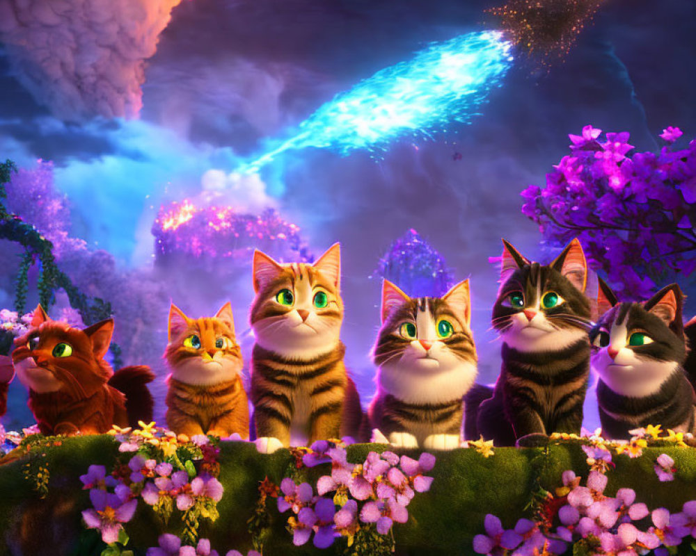 Five animated cats surrounded by purple flowers under a colorful night sky