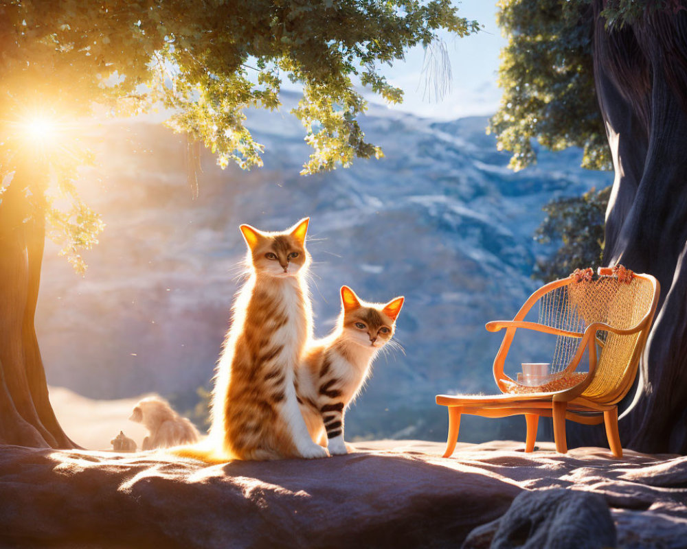 Two Cats by Wicker Chair in Outdoor Setting with Sunrise