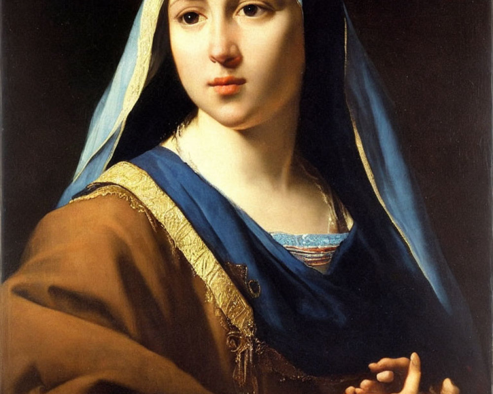 Portrait of Woman in Brown Robe with Blue Headscarf and Contemplative Expression