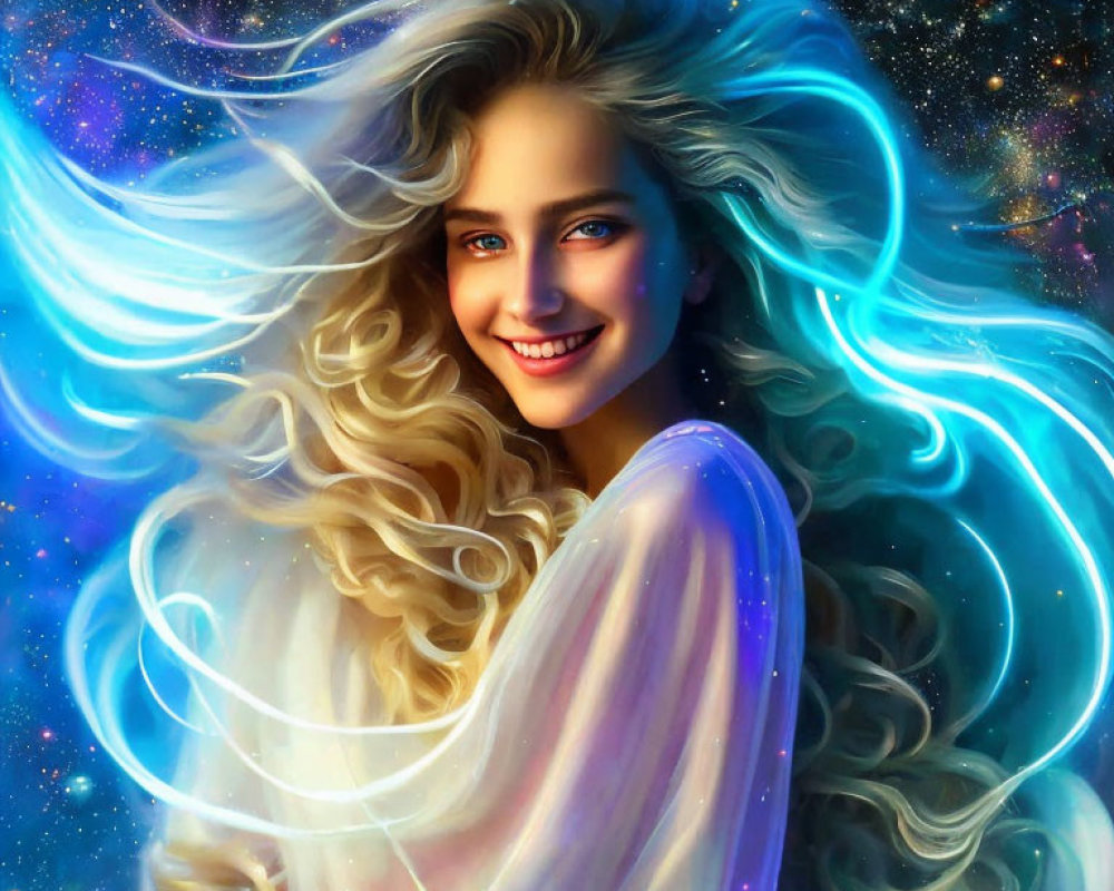 Digital illustration of smiling woman with blonde hair in blue energy on starry night sky