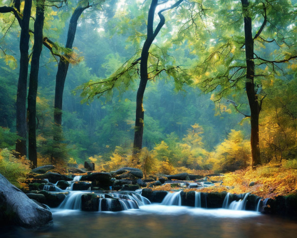 Tranquil forest stream with autumn trees in mist