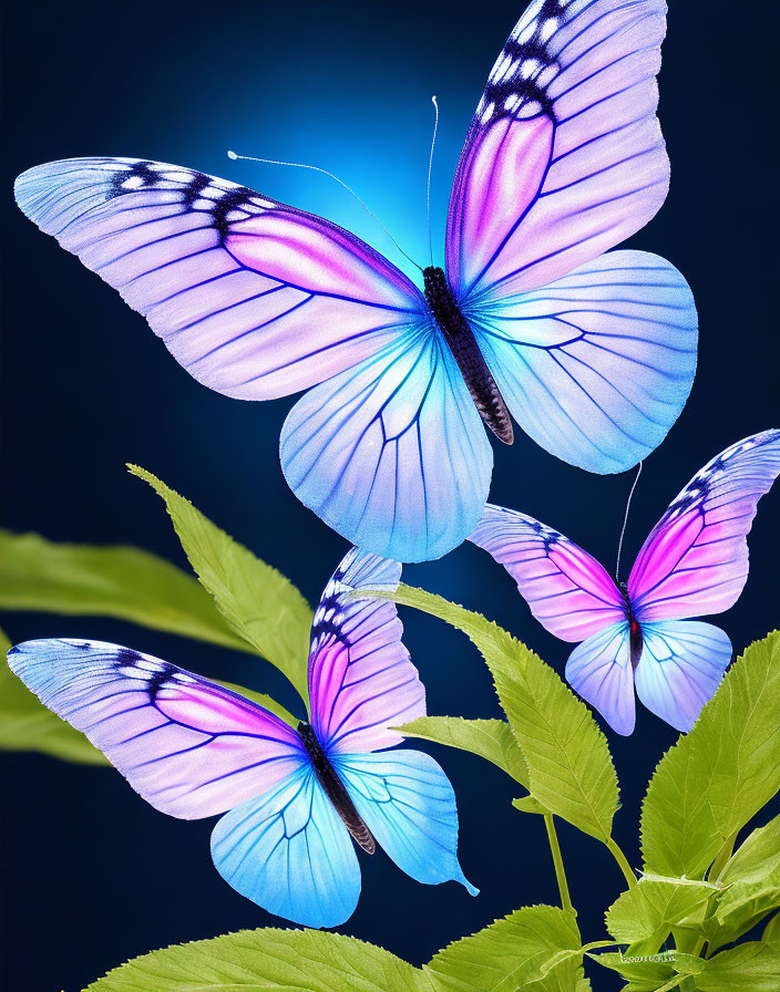 Three Vibrant Blue and White Butterflies on Green Leaves in Dark Blue Background